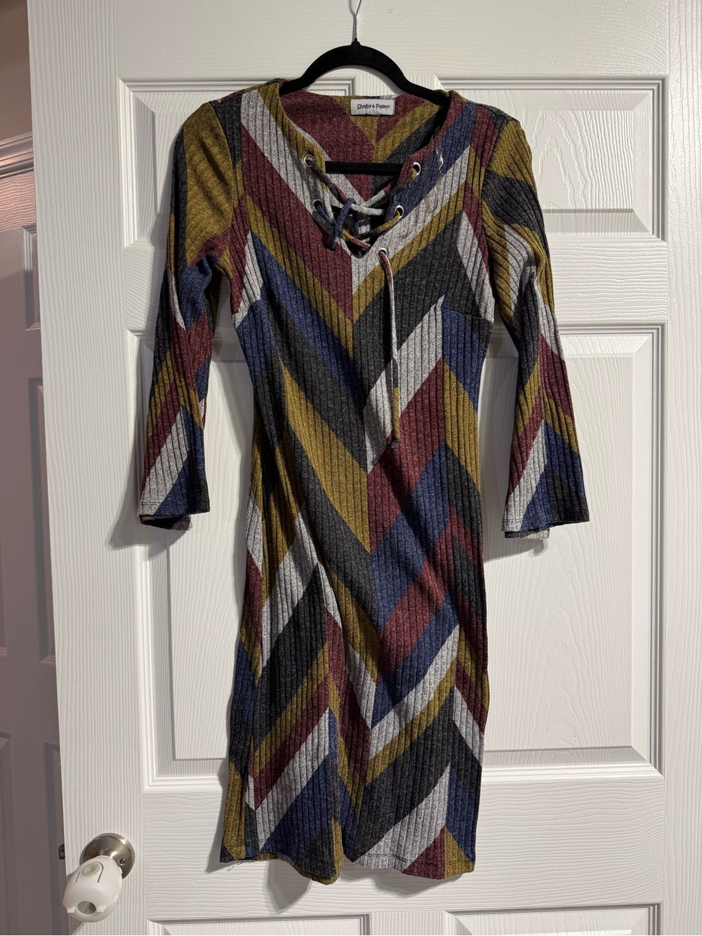 Lace-Up Chevron Ribbed Knit Dress - Multicolor
